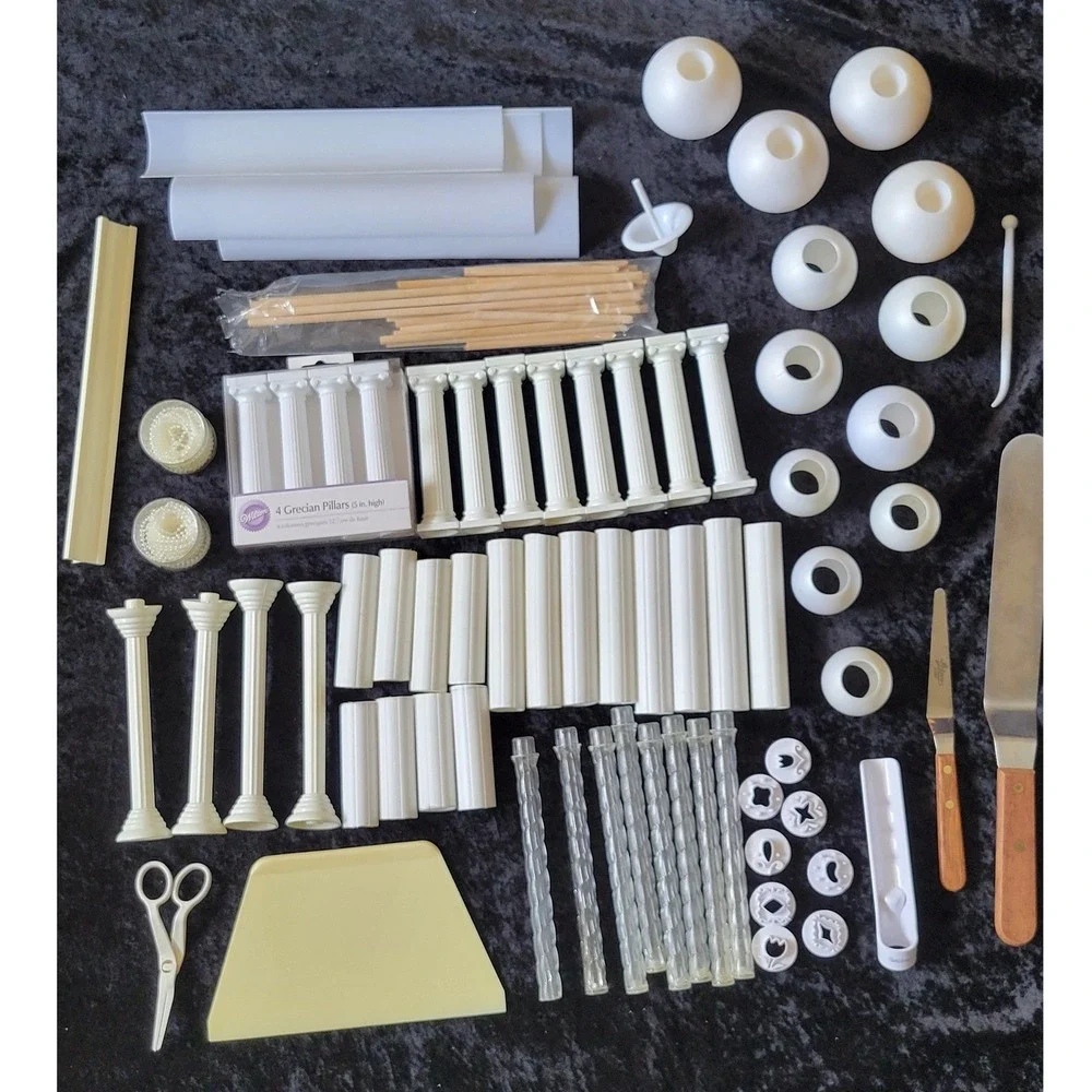 Wilton Cake Decorating Lot Grecian Pillars globe Spatulas flower formers punch